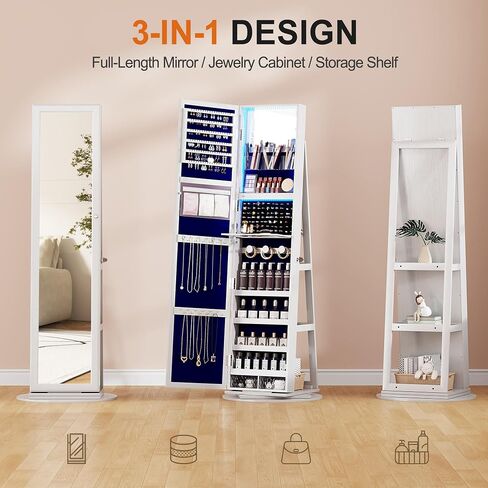 OUTDOOR DOIT 360° Rotating LED Jewelry Armoire with Lockable,Full Length Mirror Large Capacity 3 Color Dimmable Jewelry Organizer Armoire,Floor Standing Mirror with Back Storage Shelves for Bedroom in Saudi Arabia