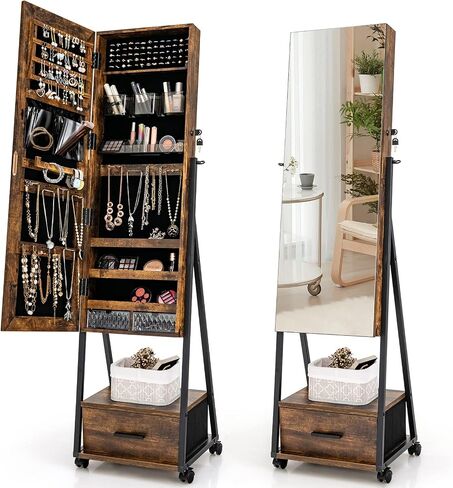 CHARMAID Rolling Jewelry Cabinet with Full Length Mirror, Lockable Standing Jewelry Armoire with Wheels, Steel Legs, Lipstick Brush Storage, Jewelry Organizer Box with Drawers (Rustic Brown) in Kuwait