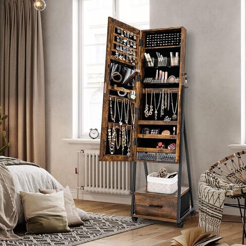 CHARMAID Rolling Jewelry Cabinet with Full Length Mirror, Lockable Standing Jewelry Armoire with Wheels, Steel Legs, Lipstick Brush Storage, Jewelry Organizer Box with Drawers (Rustic Brown) in Kuwait
