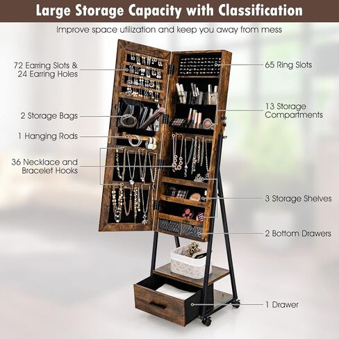 CHARMAID Rolling Jewelry Cabinet with Full Length Mirror, Lockable Standing Jewelry Armoire with Wheels, Steel Legs, Lipstick Brush Storage, Jewelry Organizer Box with Drawers (Rustic Brown) in Kuwait