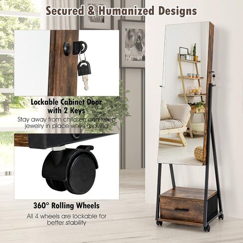 CHARMAID Rolling Jewelry Cabinet with Full Length Mirror, Lockable Standing Jewelry Armoire with Wheels, Steel Legs, Lipstick Brush Storage, Jewelry Organizer Box with Drawers (Rustic Brown) in Kuwait