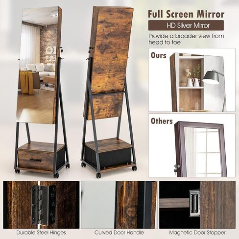 CHARMAID Rolling Jewelry Cabinet with Full Length Mirror, Lockable Standing Jewelry Armoire with Wheels, Steel Legs, Lipstick Brush Storage, Jewelry Organizer Box with Drawers (Rustic Brown) in Kuwait