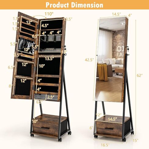 CHARMAID Rolling Jewelry Cabinet with Full Length Mirror, Lockable Standing Jewelry Armoire with Wheels, Steel Legs, Lipstick Brush Storage, Jewelry Organizer Box with Drawers (Rustic Brown) in Kuwait