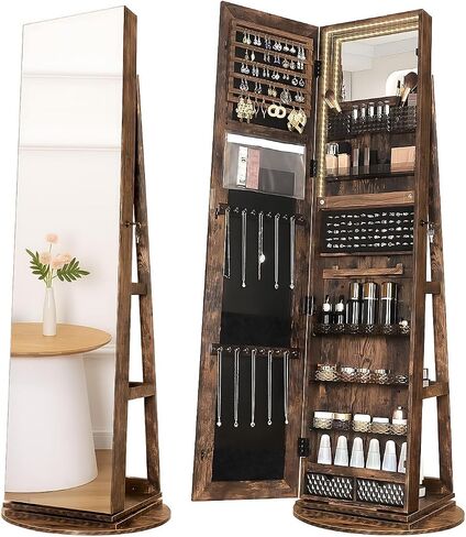 Jewelry Armoire Cabinet Standing 360° Swivel Jewelry Organizer with Storage Shelves LED Lights Jewelry Storage whit Wheels Storage Shelves in Saudi Arabia