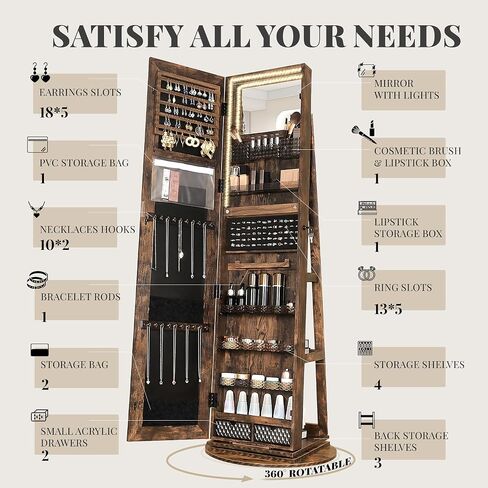 Jewelry Armoire Cabinet Standing 360° Swivel Jewelry Organizer with Storage Shelves LED Lights Jewelry Storage whit Wheels Storage Shelves in Saudi Arabia