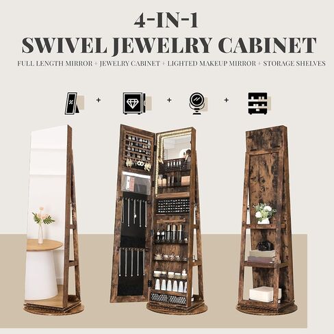 Jewelry Armoire Cabinet Standing 360° Swivel Jewelry Organizer with Storage Shelves LED Lights Jewelry Storage whit Wheels Storage Shelves in Saudi Arabia