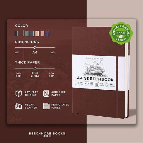 BEECHMORE BOOKS Sketch Book, A4 8.5 x 11.5 inch Blank Sketchbook for Drawing, Paint and Draw, 156 Pages Thick Paper 160gsm, Hardcover Leather Art Notebook, Boxed for Gifts in Kuwait