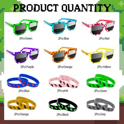 24PCS Pixel Party Forms Favors ، 12 زوجًا من نظارة شمسية مصنوعة من البكسل و 12 أساور السيليكون ، هدية ألعاب الفيديو للأطفال والبالغين لوازم حفلات عيد ميلاد البالغين in Kuwait