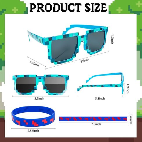 24PCS Pixel Party Forms Favors ، 12 زوجًا من نظارة شمسية مصنوعة من البكسل و 12 أساور السيليكون ، هدية ألعاب الفيديو للأطفال والبالغين لوازم حفلات عيد ميلاد البالغين in Kuwait
