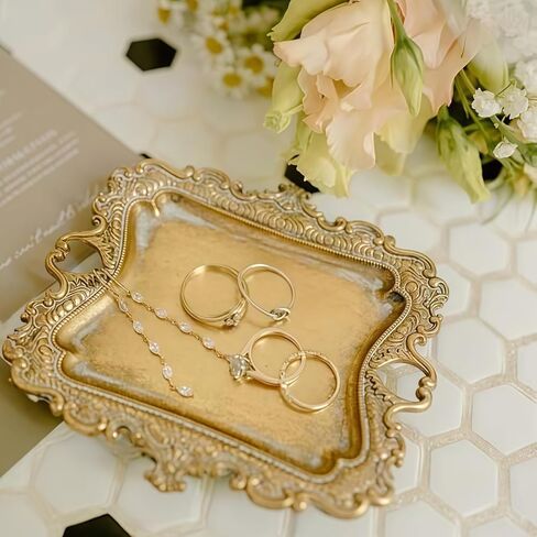 Small Antique Tray Jewelry Ring Dish, French Decor Gold Vintage Trinket Jewelry Holder, Antique Home Decor Display Trays Gifts for Women, Wedding, Birthday, Mother's Day Gifts for Women in Kuwait