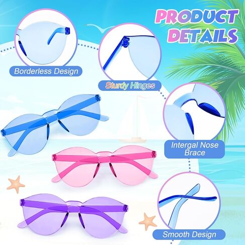 Kingdder 24 Pack Hawaii Cartoon Sunglasses Theme Party Favors Bulk Pink Purple Blue Round Rimless Transparent Sun Glasses for Cute Candy Color Cartoon Birthday Party Supplies Decorations in Saudi Arabia