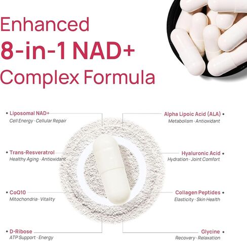 ملحق NAD+ للنساء - NMN بديل مع β -NAD+ ، عبر رئاسة ، CoQ10 ، D -Ribose - يعزز التجديد الخلوي ، الطاقة ، وصحة الجلد المشع - 180 كبسولة in Kuwait
