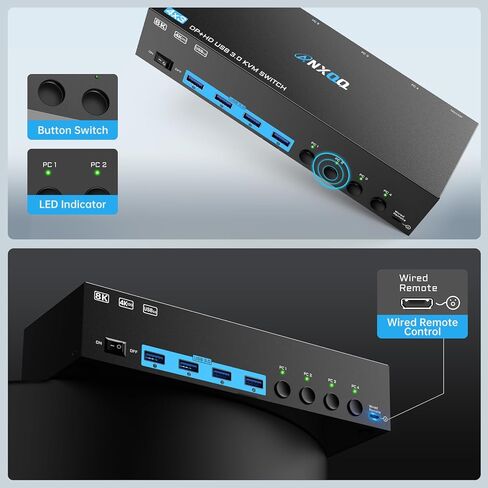 8K@60HZ USB 3.0 KVM Switch, HDMI KVM Switch 2 Ports, 2 Computers Share 1 Monitor and 3 USB Devices, ANQXX Keyboard Mouse Switch with Wired Control, 2 USB Cables and Power Adapter in Kuwait