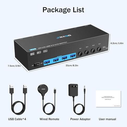 8K@60HZ USB 3.0 KVM Switch, HDMI KVM Switch 2 Ports, 2 Computers Share 1 Monitor and 3 USB Devices, ANQXX Keyboard Mouse Switch with Wired Control, 2 USB Cables and Power Adapter in Kuwait