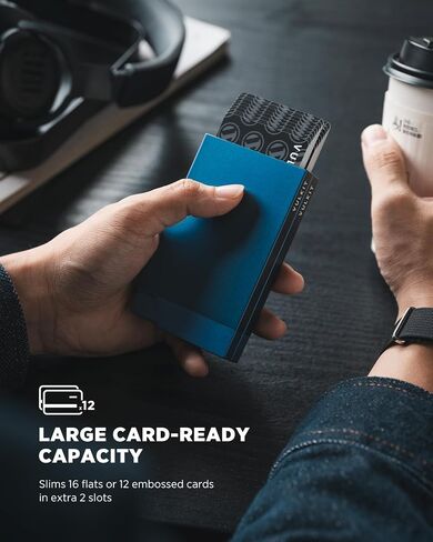حامل بطاقة الائتمان المزدوج من جانب Vulkit Men ، حامل محفظة إطراء الزر المزدوج المزدوج مع حظر RFID ، علبة بطاقة ألومنيوم إطار المعادن ، تحتوي على 12-16 بطاقة (البحرية) in Kuwait