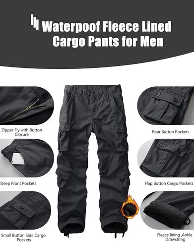 سراويل KOCTHOMY الرجالية المبطنة بالصوف للمشي لمسافات طويلة، سراويل شتوية حرارية خارجية للعمل غير رسمية مع جيوب متعددة، بدون حزام. in Kuwait