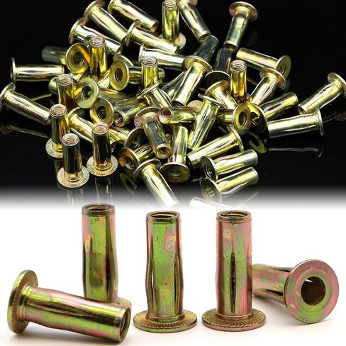 50 Pack 1/4-20 Multi-Grip Rivet Nuts - Zinc-Plated Steel Construction Fasteners - Pre-Bulbed Shank - Flat Head Threaded Insert Nut - Ideal for Household Items, Automobiles, Equipment Housings in Saudi Arabia