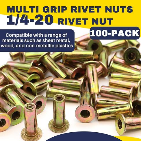 50 Pack 1/4-20 Multi-Grip Rivet Nuts - Zinc-Plated Steel Construction Fasteners - Pre-Bulbed Shank - Flat Head Threaded Insert Nut - Ideal for Household Items, Automobiles, Equipment Housings in Saudi Arabia