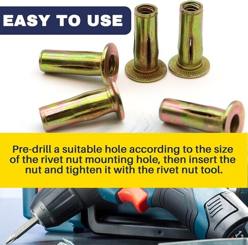 50 Pack 1/4-20 Multi-Grip Rivet Nuts - Zinc-Plated Steel Construction Fasteners - Pre-Bulbed Shank - Flat Head Threaded Insert Nut - Ideal for Household Items, Automobiles, Equipment Housings in Saudi Arabia