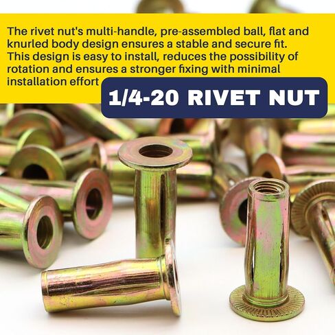 50 Pack 1/4-20 Multi-Grip Rivet Nuts - Zinc-Plated Steel Construction Fasteners - Pre-Bulbed Shank - Flat Head Threaded Insert Nut - Ideal for Household Items, Automobiles, Equipment Housings in Saudi Arabia