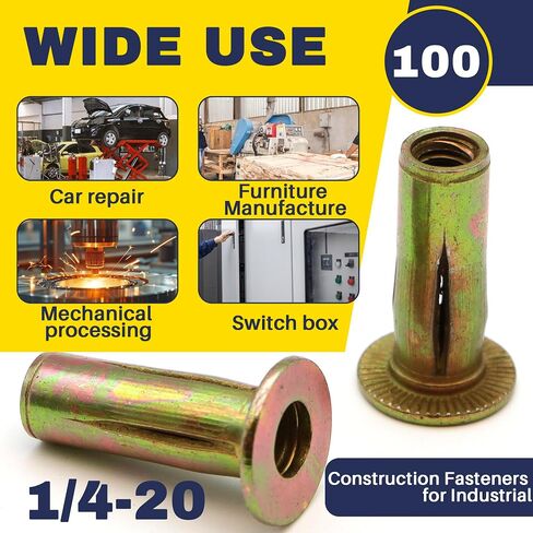 50 Pack 1/4-20 Multi-Grip Rivet Nuts - Zinc-Plated Steel Construction Fasteners - Pre-Bulbed Shank - Flat Head Threaded Insert Nut - Ideal for Household Items, Automobiles, Equipment Housings in Saudi Arabia