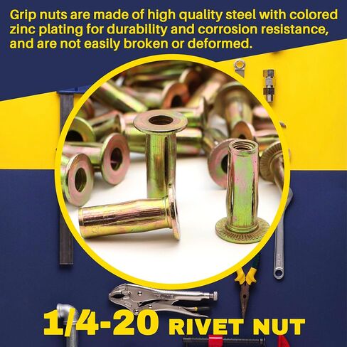 50 Pack 1/4-20 Multi-Grip Rivet Nuts - Zinc-Plated Steel Construction Fasteners - Pre-Bulbed Shank - Flat Head Threaded Insert Nut - Ideal for Household Items, Automobiles, Equipment Housings in Saudi Arabia