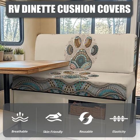 Boho Mandala Dog Paw Print 2 PCS RV DiNette Cushion يغطي وسادة العربة المضادة للماء Cushion Slipcover Stretch Sofa Pratector Coverts1 Backrest Covers و 1 Bench Covers in Kuwait