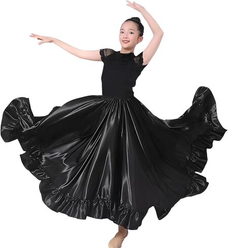 Satin Full Long Skirt for Circle Ruffle Skirt Satin Flowy Latin Belly Dance Umbrella Dress for Girls 8-12 Years in Kuwait