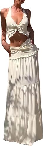 Famnbro Womens 2 Piece Skirt Sets Halter V Neck Y2k Top and Flowy Ruffle Maxi Skirts Summer Vacation Outfits in Saudi Arabia