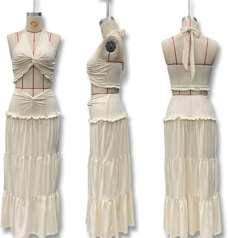 Famnbro Womens 2 Piece Skirt Sets Halter V Neck Y2k Top and Flowy Ruffle Maxi Skirts Summer Vacation Outfits in Saudi Arabia