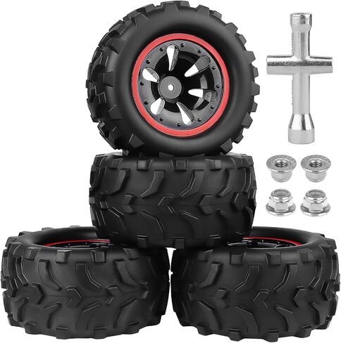 4PCS AllinRC Pre-Glued 1/10 RC Monster Truck Tires & 12mm Hex Wheels for Brushless Traxxas Stampede Rustler VXL Redcat Blackout Volcano Arrma Tekno HSP HPI Savage XS All-Terrain Tires (Type A) in Saudi Arabia