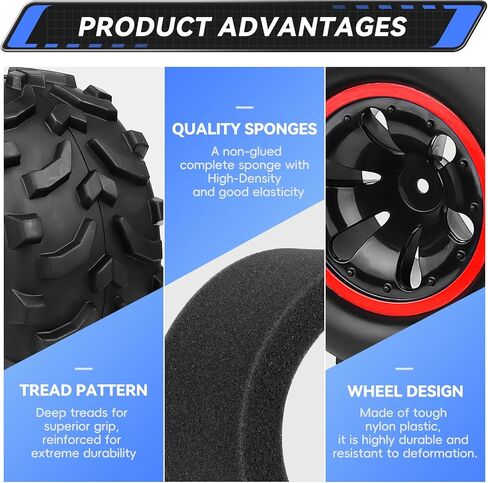 4PCS AllinRC Pre-Glued 1/10 RC Monster Truck Tires & 12mm Hex Wheels for Brushless Traxxas Stampede Rustler VXL Redcat Blackout Volcano Arrma Tekno HSP HPI Savage XS All-Terrain Tires (Type A) in Saudi Arabia
