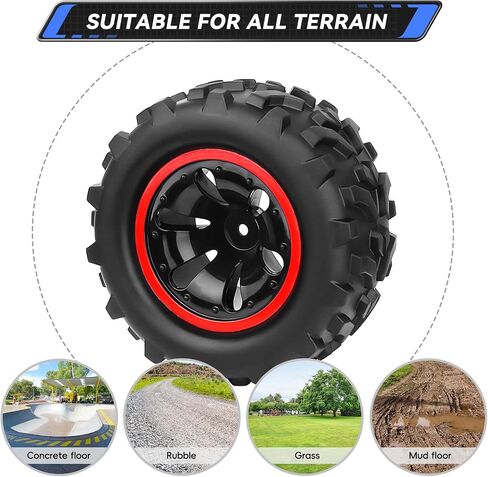 4PCS AllinRC Pre-Glued 1/10 RC Monster Truck Tires & 12mm Hex Wheels for Brushless Traxxas Stampede Rustler VXL Redcat Blackout Volcano Arrma Tekno HSP HPI Savage XS All-Terrain Tires (Type A) in Saudi Arabia