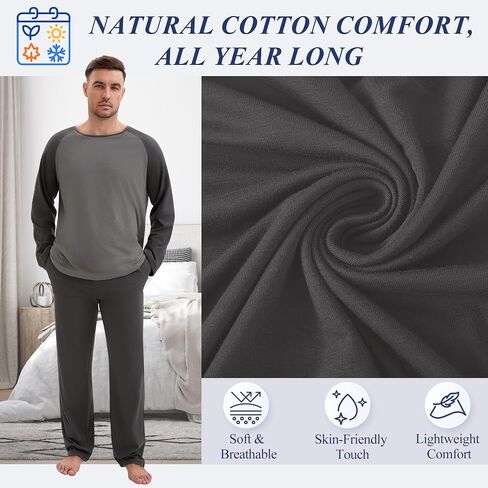 Mens Pajamas Set Comfy PJ مجموعات طويلة الأكمام بيجاماس قطن راجلان الأكمام 2 قطعة ملابس ليلية مع جيوب in Kuwait