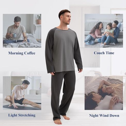 Mens Pajamas Set Comfy PJ مجموعات طويلة الأكمام بيجاماس قطن راجلان الأكمام 2 قطعة ملابس ليلية مع جيوب in Kuwait