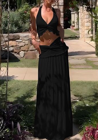 Famnbro Womens 2 Piece Skirt Sets Halter V Neck Y2k Top and Flowy Ruffle Maxi Skirts Summer Vacation Outfits in Saudi Arabia