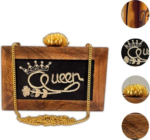 Maresse Women’s Bridal Ethnic Purse | Handmade Wooden Clutch with Rose Embroidery | Elegant Wedding Accessory (Queen), Brown in Saudi Arabia