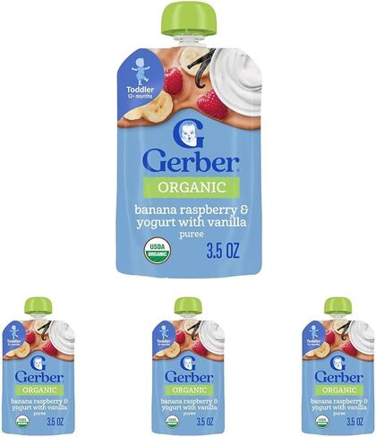 Gerber Purees Organic Banana Raspberry Yogurt Vanilla Toddler Baby Food Pouches, 3.5 oz in Saudi Arabia
