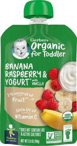 Gerber Purees Organic Banana Raspberry Yogurt Vanilla Toddler Baby Food Pouches, 3.5 oz in Saudi Arabia
