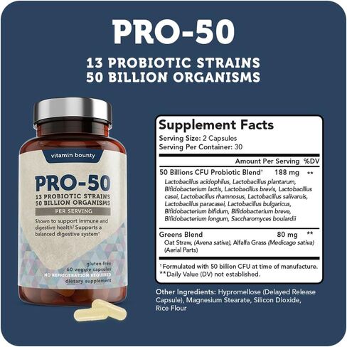 Vitamin Bounty Pro-50 Probiotics for Women Digestive Health | 50 Billion CFU & 13 Strains | SBO Synbiotic Formula Delayed Release Capsule+Prebiotic Greens for Immune Support – for Women & Men | 60cap in Kuwait