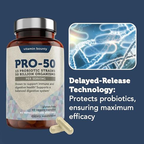 Vitamin Bounty Pro-50 Probiotics for Women Digestive Health | 50 Billion CFU & 13 Strains | SBO Synbiotic Formula Delayed Release Capsule+Prebiotic Greens for Immune Support – for Women & Men | 60cap in Kuwait