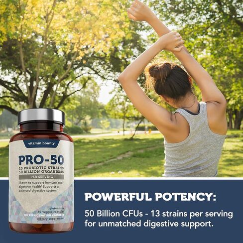 Vitamin Bounty Pro-50 Probiotics for Women Digestive Health | 50 Billion CFU & 13 Strains | SBO Synbiotic Formula Delayed Release Capsule+Prebiotic Greens for Immune Support – for Women & Men | 60cap in Kuwait