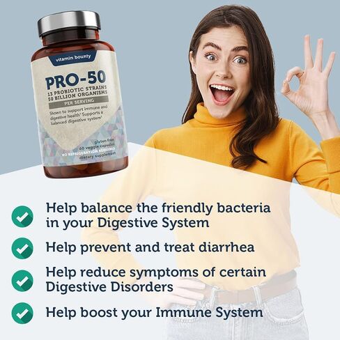 Vitamin Bounty Pro-50 Probiotics for Women Digestive Health | 50 Billion CFU & 13 Strains | SBO Synbiotic Formula Delayed Release Capsule+Prebiotic Greens for Immune Support – for Women & Men | 60cap in Kuwait