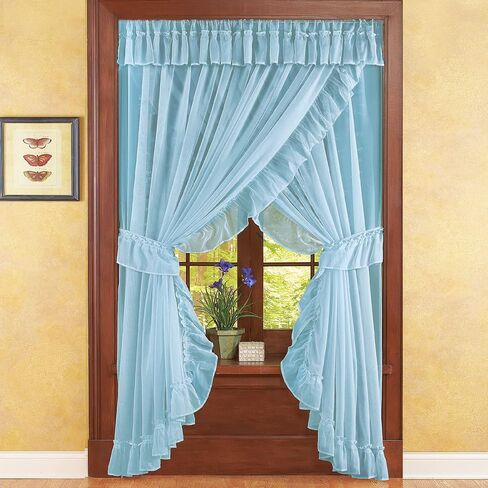 Collections Etc Isabella Ruffled Sheer Fabric Rod Pocket Window Curtain Set, Blue in Saudi Arabia