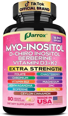 Myo Inositol Supplement, D-Chiro Inositol, Folate, DIM, Vitamin D3, B12, K2, Chromium, Bioperine, Ceylon Cinnamon, Zinc, Ashwagandha, Chasteberry, Magnesium, Berberine (90 Vegan Capsules) in Kuwait