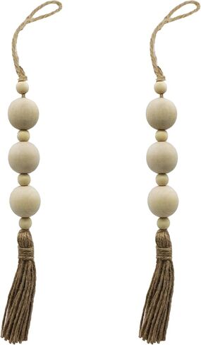 2PCS Farmhouse Decor Wooden Bead with Tassels Rustic Boho Minimalist Home Accent Country Decoration Beads for Door Knob Wall Hanging Living Room Decor, Natural in Saudi Arabia