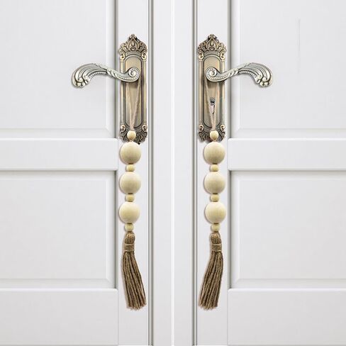 2PCS Farmhouse Decor Wooden Bead with Tassels Rustic Boho Minimalist Home Accent Country Decoration Beads for Door Knob Wall Hanging Living Room Decor, Natural in Saudi Arabia