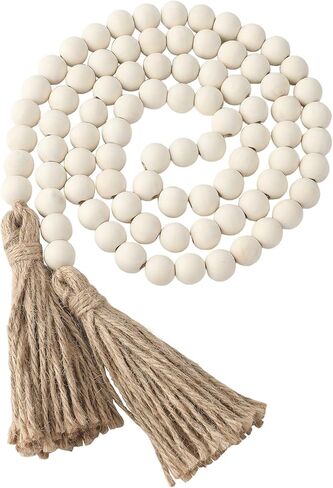 Wood Bead Garland 58 Inch Nature Wooden Beads for Boho Farmhouse Table Home Decor with Tassel, Wooden Prayer Bead, Rustic Country Boho Wall Hanging Decor for Kitchen Modern Living Room Tray Vase Shelf in Saudi Arabia