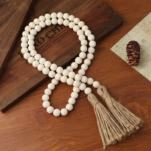 Wood Bead Garland 58 Inch Nature Wooden Beads for Boho Farmhouse Table Home Decor with Tassel, Wooden Prayer Bead, Rustic Country Boho Wall Hanging Decor for Kitchen Modern Living Room Tray Vase Shelf in Saudi Arabia