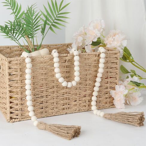 Wood Bead Garland 58 Inch Nature Wooden Beads for Boho Farmhouse Table Home Decor with Tassel, Wooden Prayer Bead, Rustic Country Boho Wall Hanging Decor for Kitchen Modern Living Room Tray Vase Shelf in Saudi Arabia